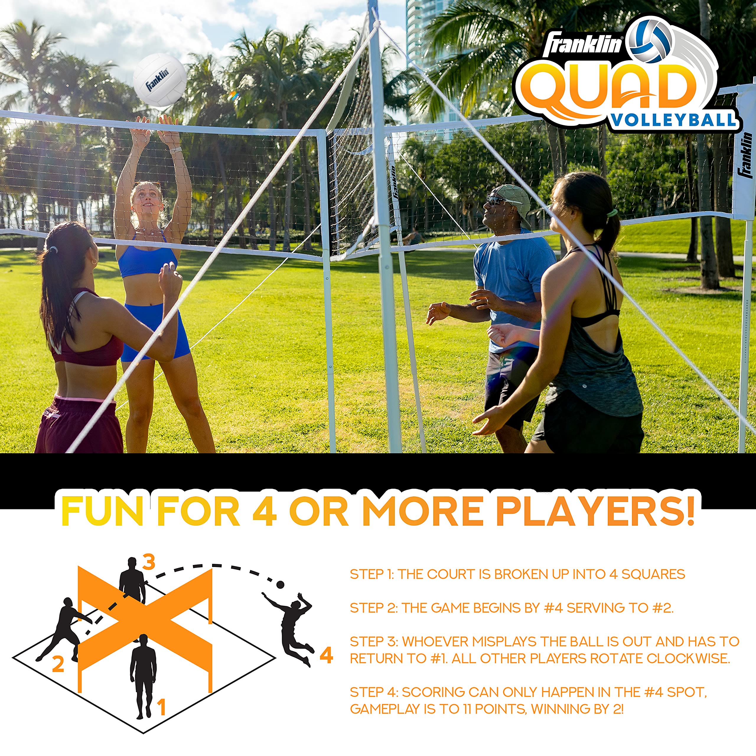 Franklin Sports Four Square Volleyball - Quad Volleyball 4 Way Net Game Set - Backyard + Beach 4 Square Volleyball Net + Game Set - Perfect Outdoor + Tailgate Family Game