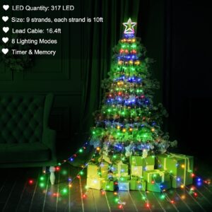 LYHOPE Christmas Lights, 317 LED 8 Modes 10ft X 9 Strands Christmas String Lights, with 12" Topper Star Christmas Tree Decoration Lights for Xmas, Birthday, Holiday, Wedding, Party Decor(Multicolor)