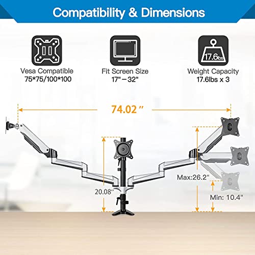 HUANUO Triple Monitor Stand - Full Motion Articulating Gas Spring Monitor Mount Fit Three 17 to 32 inch Flat/Curved LCD Computer Screens with Clamp, Grommet Kit, Silver