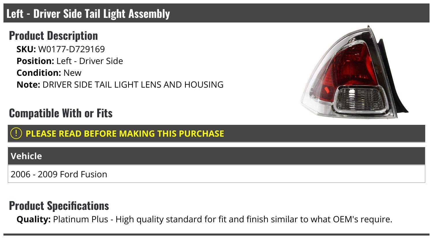 Marketplace Auto Parts Left Driver Side Tail Light Assembly - Compatible with 2006-2009 Ford Fusion