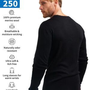 Merino.tech Merino Wool Base Layer - Mens 100% Merino Wool Long Sleeve Thermal Shirts Lite, Midweight, Heavyweight + Socks (Large, Black 250)