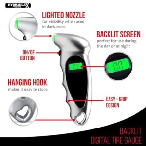 Digital Tire Pressure Gauge – Backlit Air Measurement Checker Tool for Bikes, Cars, Trucks - by Hydraulax