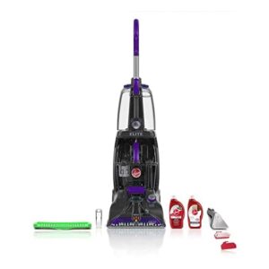 hoover power scrub elite upright multi floor carpet and tile cleaner machine with 8 foot hose, squeegee tool, and cleaning solutions