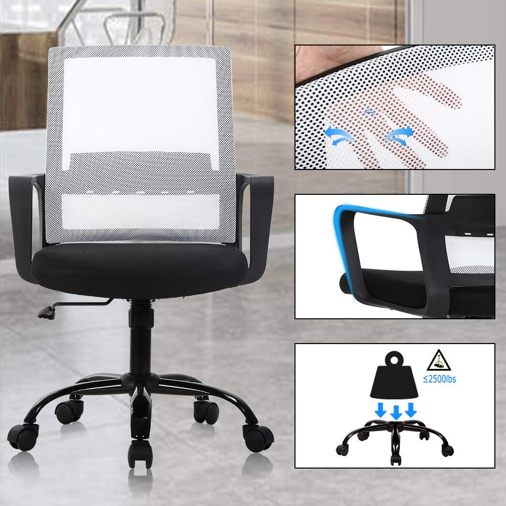 Office Chair Ergonomic Desk Chair Mesh Chair Swivel Rolling Computer Chair Modern Task Chair Executive Chair,with ArmrestsLumbar Support Task Adjustable Stool for Women Men -White