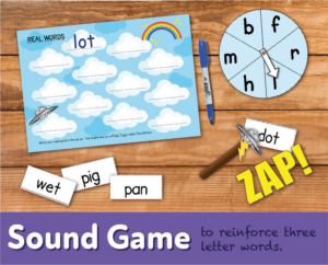 play a sound game ‘zap’ to reinforce three letter words (4-7 years)