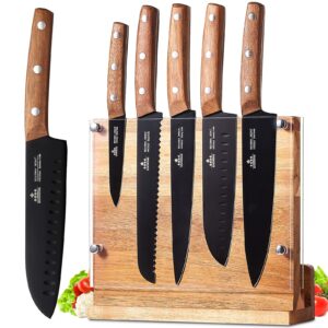 enoking 6pcs knife set with block, magnetic wood knife holder with acrylic shield, german high carbon stainless steel blades