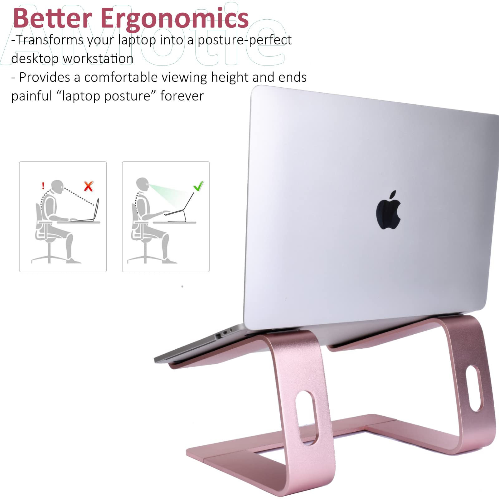 AMOTIE Laptop Desk Stand, Ergonomic Aluminum Laptops Elevator for Desk, Notebook Holder Stand Compatible with MacBook Pro/Air HP Lenovo Samsung Huawei ，All 10-15.6" Laptops，Pink Gold