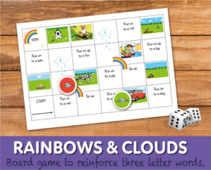 ‘rainbows and clouds’ snakes and ladders: to reinforce three letter words (4-7 years)