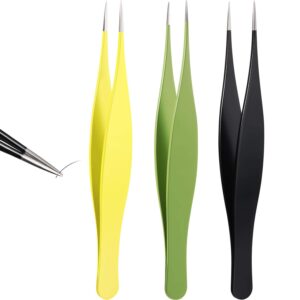 3 pieces pointed tweezers ingrown hair tweezers precision needle nose pointed tweezers stainless steel blackhead remover for eyebrow hair, facial hair removal (black, yellow, green)