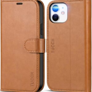 TUCCH Wallet Case for iPhone 12/iPhone 12 Pro 5G, Magnetic PU Leather Stand Flip Cover with TPU Protect Inner Shell, RFID Blocking Card Slot Compatible with iPhone 12/12 Pro 6.1-inch, Light Brown