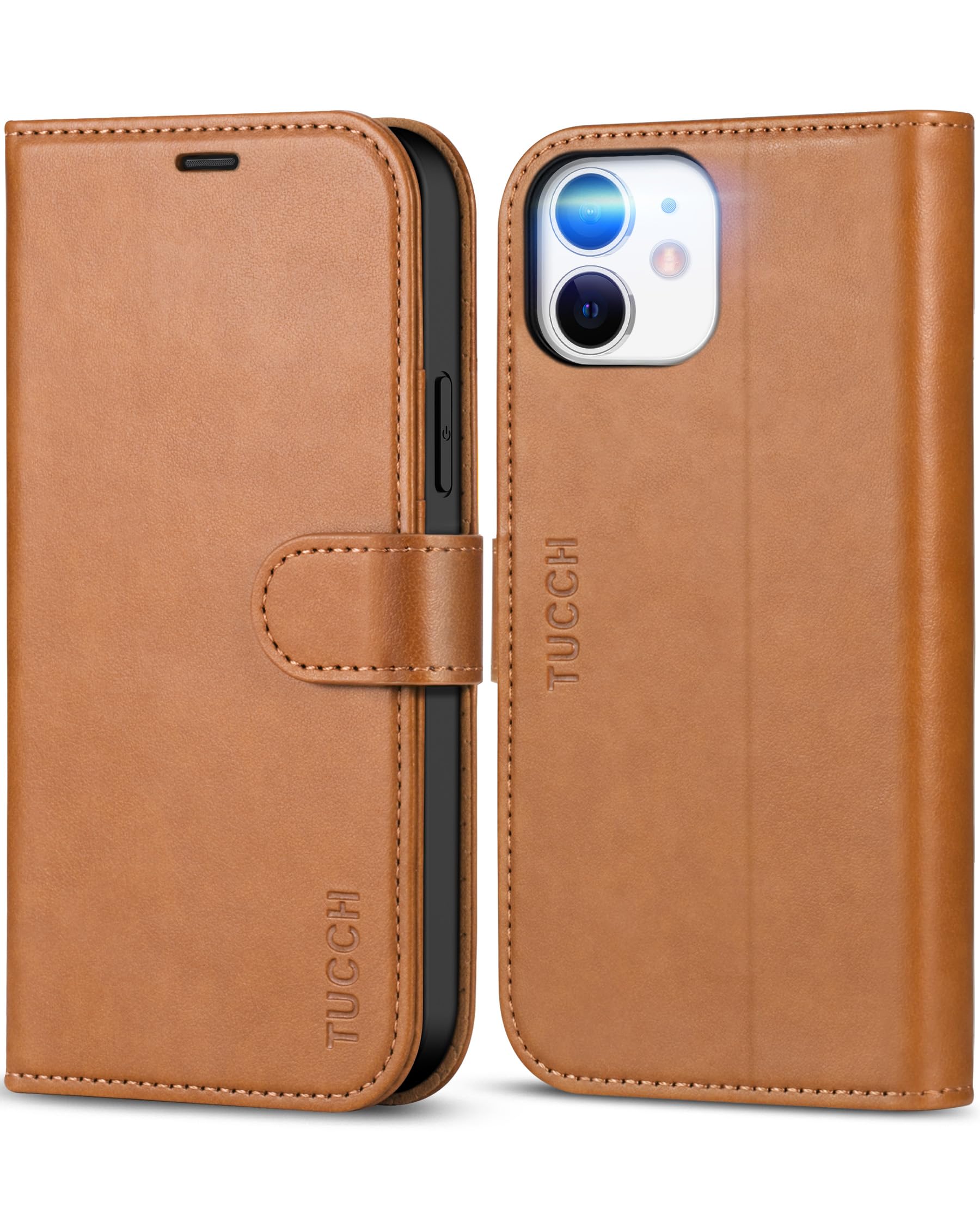 TUCCH Wallet Case for iPhone 12/iPhone 12 Pro 5G, Magnetic PU Leather Stand Flip Cover with TPU Protect Inner Shell, RFID Blocking Card Slot Compatible with iPhone 12/12 Pro 6.1-inch, Light Brown