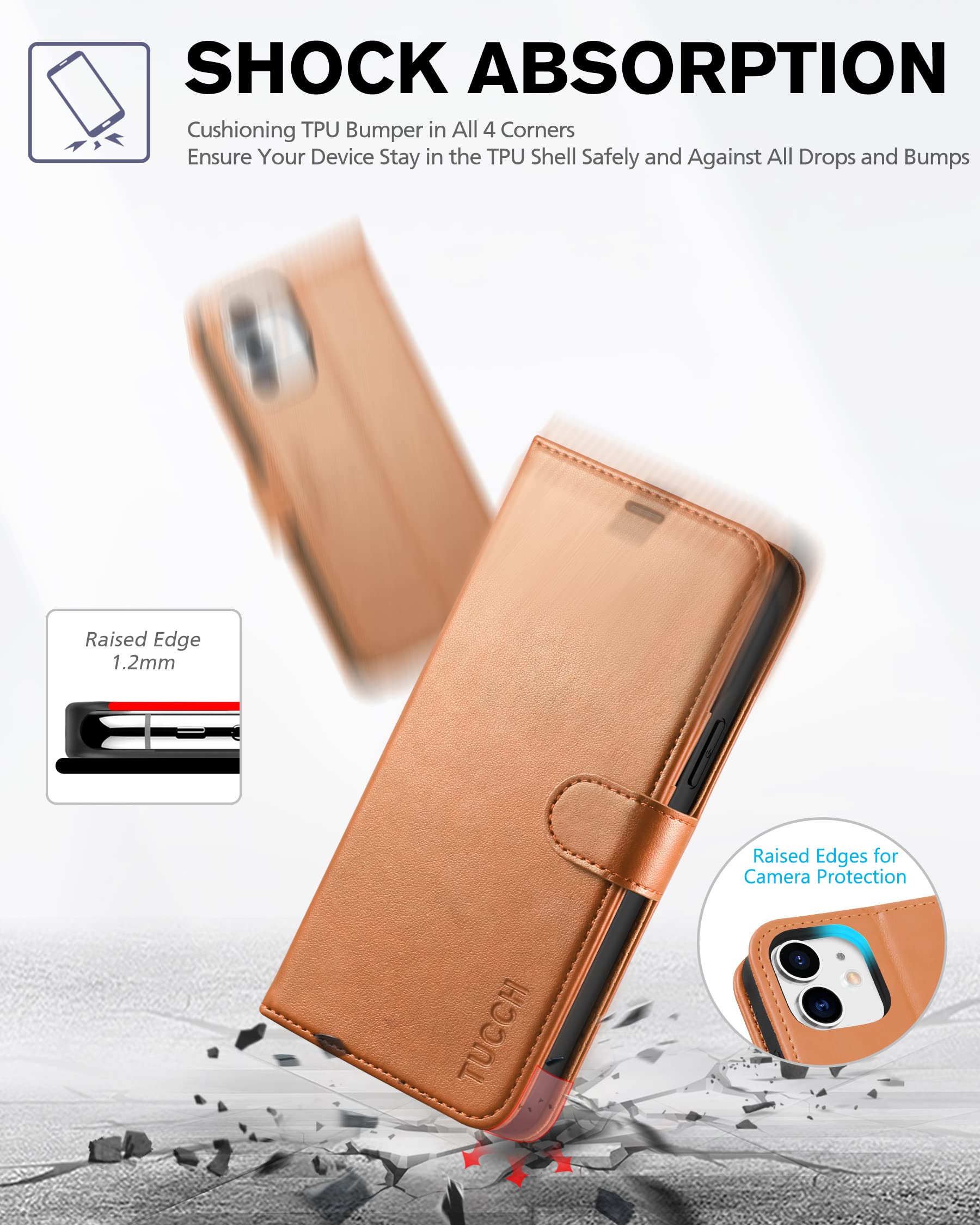 TUCCH Wallet Case for iPhone 12/iPhone 12 Pro 5G, Magnetic PU Leather Stand Flip Cover with TPU Protect Inner Shell, RFID Blocking Card Slot Compatible with iPhone 12/12 Pro 6.1-inch, Light Brown