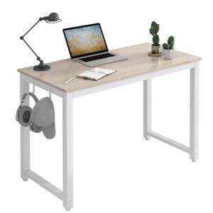 jsb small computer office desk 39" with freely move monitor stand and 4 hooks, study writing table pc home office desk - natural & white