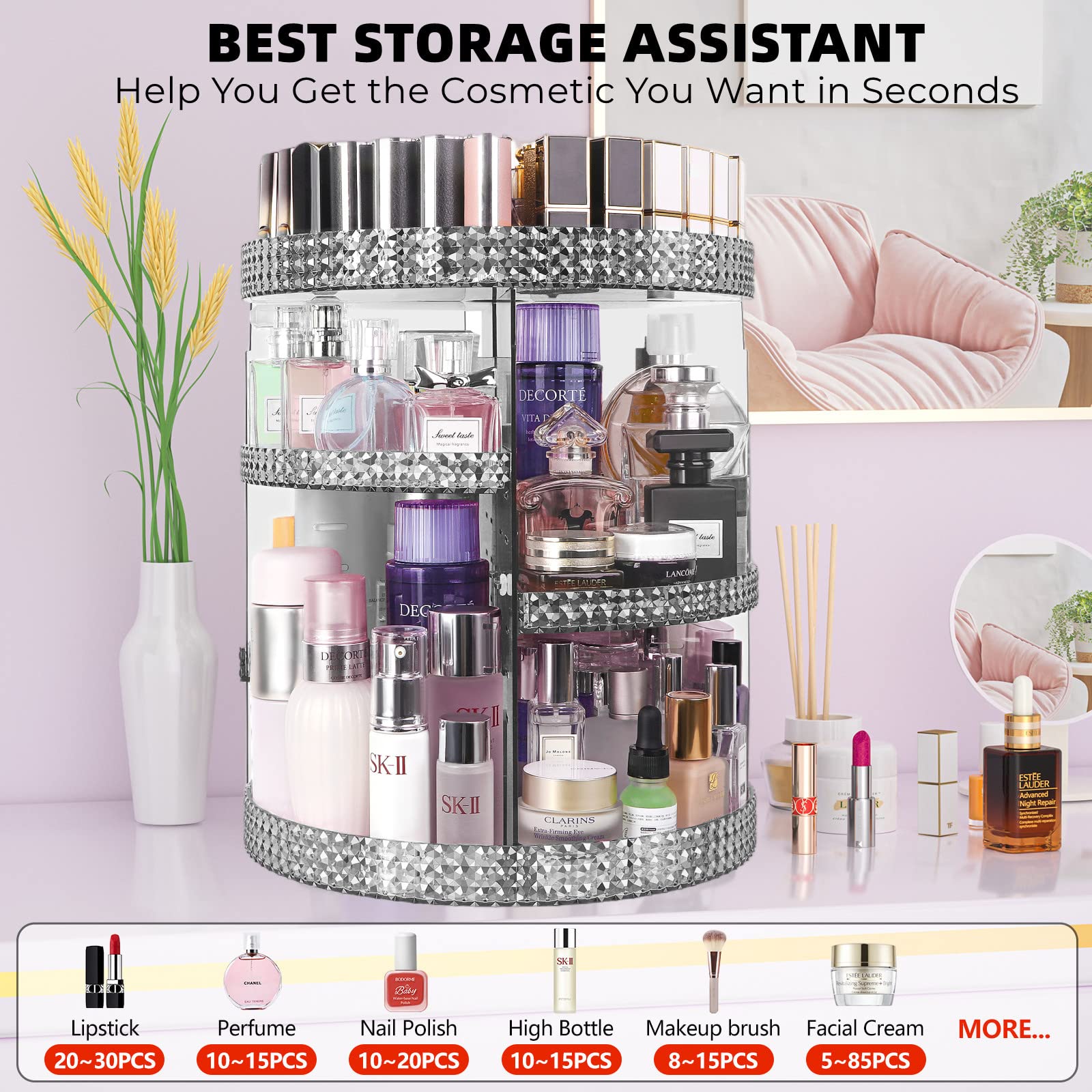 HEMTROY 360 Degree Rotating Makeup Organizer, Extra Large Capacity Organizador De Maquillaje, Removable DIY 7 Layers Skincare Organizer, Acrylic Beauty Perfume Organizer for Vanity Countertop (Gray)