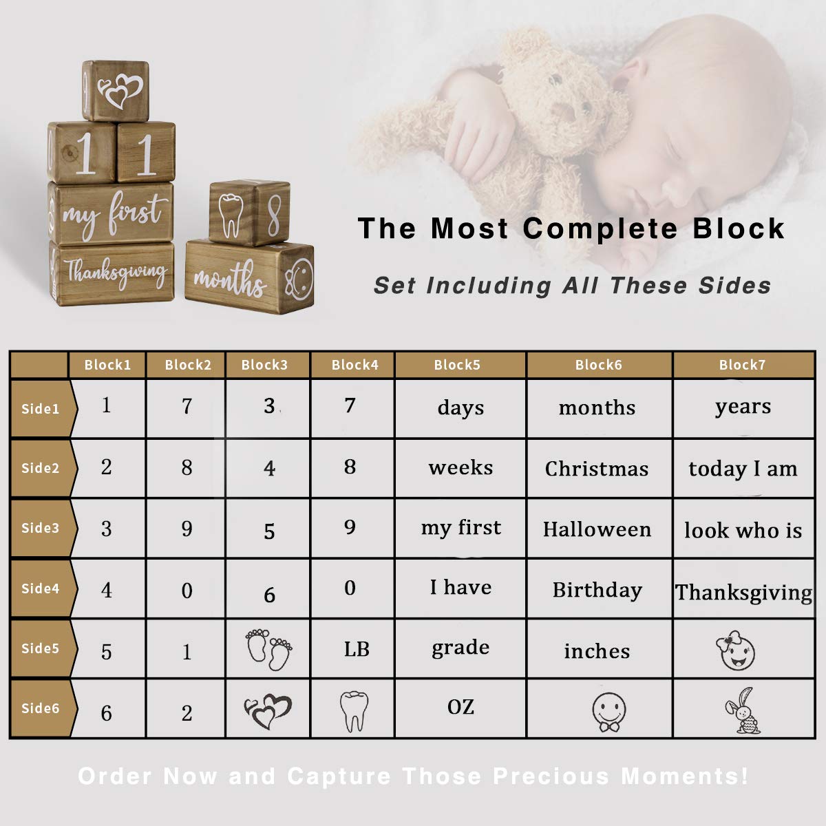 Baby Monthly Milestone Blocks for Boy or Girl, 7 Blocks, Milestones Age Block Set for Baby Shower, Pregnancy Countdown, Baby Age Photo Blocks