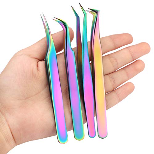 Nibiru Eyelash Extension Tweezers Set, 4 PCS Stainless Steel Curved Tip Precision Tweezers Anti-static Professional Makeup Tool (4pcs, Rainbow)