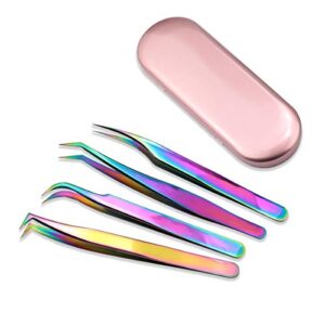 nibiru eyelash extension tweezers set, 4 pcs stainless steel curved tip precision tweezers anti-static professional makeup tool (4pcs, rainbow)