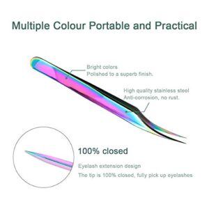 Nibiru Eyelash Extension Tweezers Set, 4 PCS Stainless Steel Curved Tip Precision Tweezers Anti-static Professional Makeup Tool (4pcs, Rainbow)