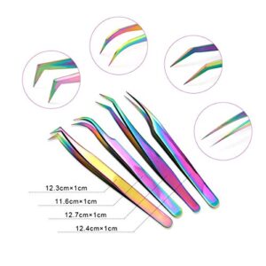 Nibiru Eyelash Extension Tweezers Set, 4 PCS Stainless Steel Curved Tip Precision Tweezers Anti-static Professional Makeup Tool (4pcs, Rainbow)