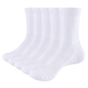 yuedge women's white training athletic socks moisture wicking cotton cushioned crew socks for women 6-9, 5 pairs