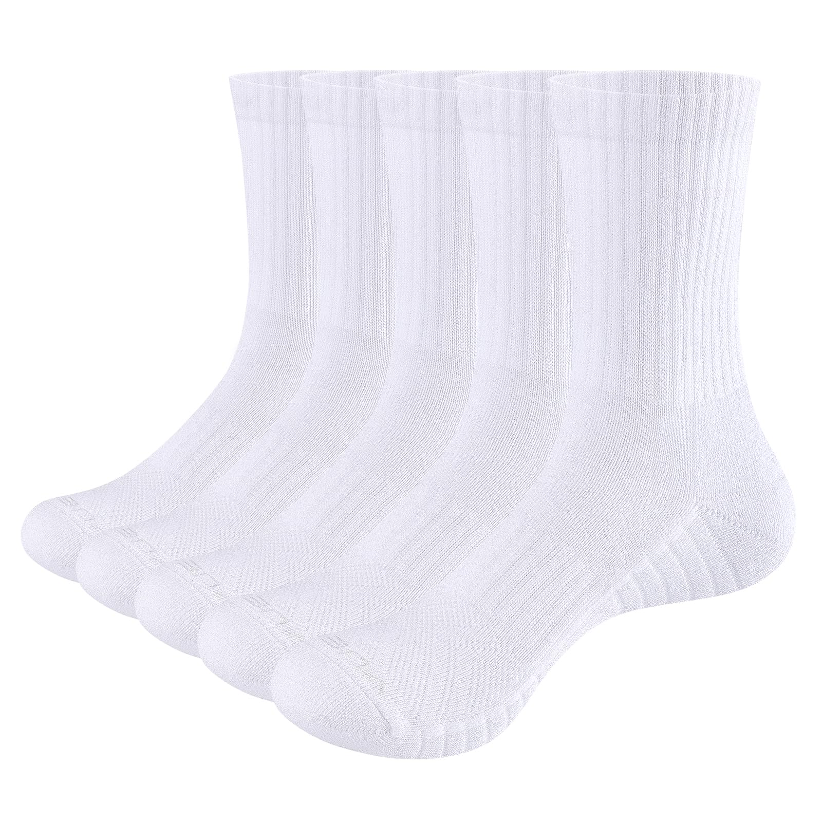 YUEDGE Women's White Training Athletic Socks Moisture Wicking Cotton Cushioned Crew Socks For Women 6-9, 5 Pairs