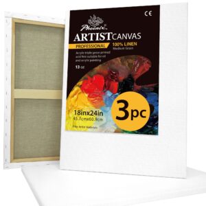 phoenix large belgian linen canvas for oil painting - 18x24 inch/3 pack medium texture, 3/4 inch profile - 13 oz triple primed blank professional stretched archival canvases for acrylic paints