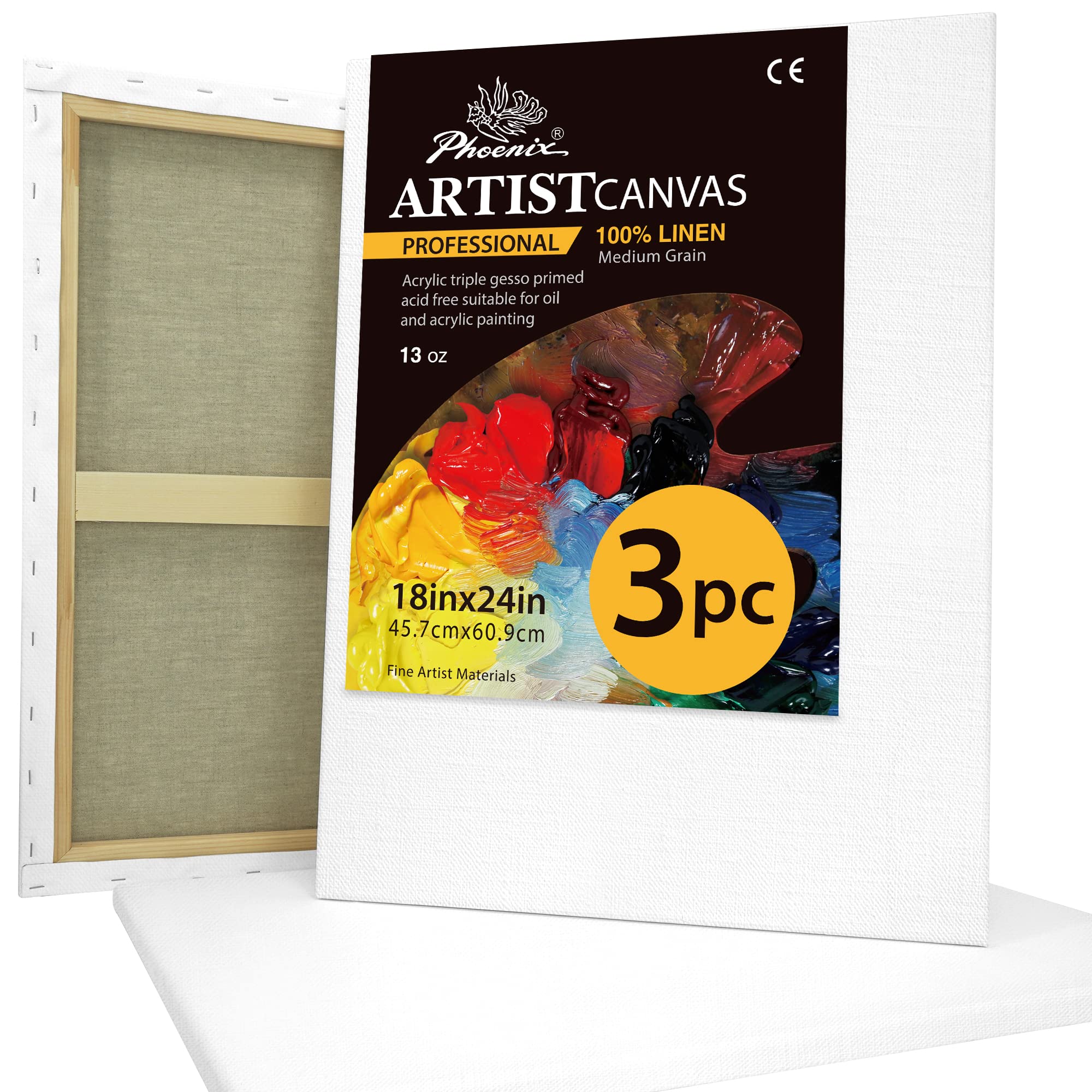 PHOENIX Large Belgian Linen Canvas for Oil Painting - 18x24 Inch/3 Pack Medium Texture, 3/4 Inch Profile - 13 Oz Triple Primed Blank Professional Stretched Archival Canvases for Acrylic Paints