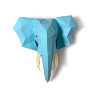 elephant head paper sculpture,pre-cut diy papercraft kit,handmade wide animal,3d paper art,light blue color,low poly wall decor,all accessories included,diy teens gift