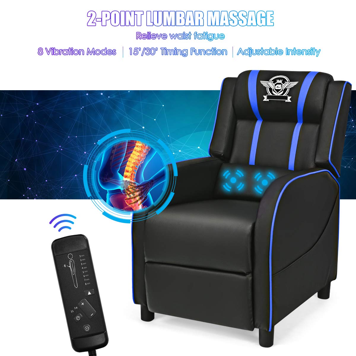 Giantex Gaming Recliner Chair, Racing Style Single Recliner Sofa w/Massage, Adjustable PU Leather Video Game Chair Home Theater Seat for Living Room Game & Recreation Room (Blue)