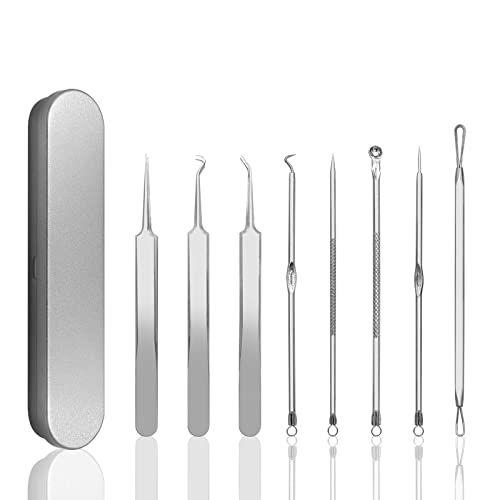 Dr.Pedi Blackhead Remover Pimple Popper Tool Kit Acne Blemish Pimple Extractor Needle Facial Comedone Clip Blackhead Tweezer for Ingrown Hair Removal 8 Pcs in Metal Case