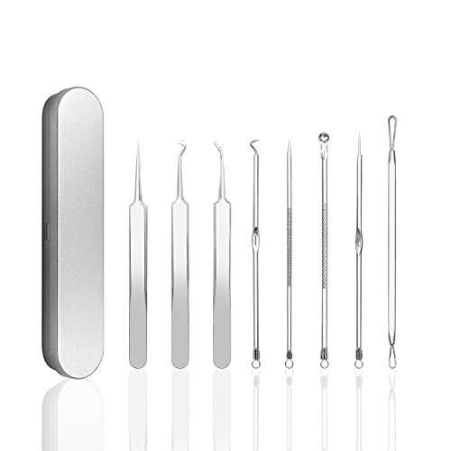 Dr.Pedi Blackhead Remover Pimple Popper Tool Kit Acne Blemish Pimple Extractor Needle Facial Comedone Clip Blackhead Tweezer for Ingrown Hair Removal 8 Pcs in Metal Case