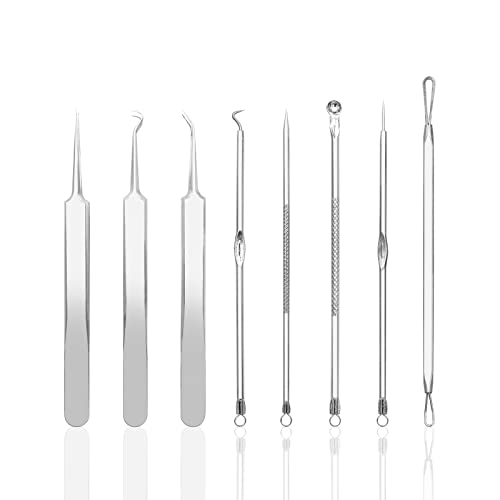 Dr.Pedi Blackhead Remover Pimple Popper Tool Kit Acne Blemish Pimple Extractor Needle Facial Comedone Clip Blackhead Tweezer for Ingrown Hair Removal 8 Pcs in Metal Case