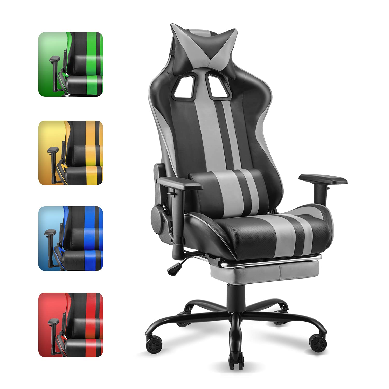 Soontrans Gaming Chair with Footrest for Adults Teens,PC Computer Chair,Home Office Gamer Chair,Racing Game Chair with Adjustable Headrest Lumbar Pillow Support(Flash Grey)