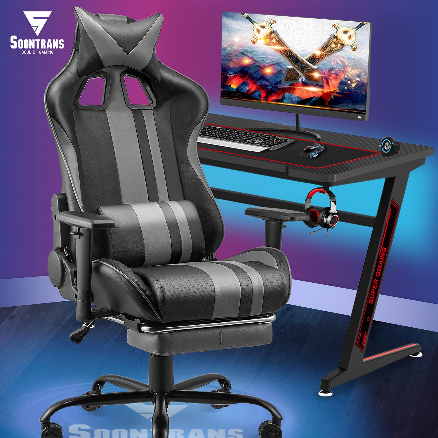 Soontrans Gaming Chair with Footrest for Adults Teens,PC Computer Chair,Home Office Gamer Chair,Racing Game Chair with Adjustable Headrest Lumbar Pillow Support(Flash Grey)