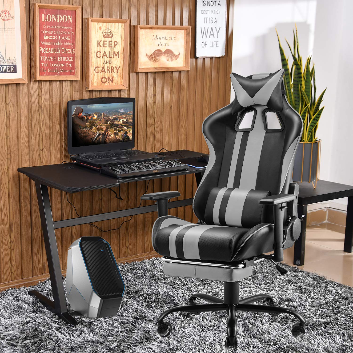 Soontrans Gaming Chair with Footrest for Adults Teens,PC Computer Chair,Home Office Gamer Chair,Racing Game Chair with Adjustable Headrest Lumbar Pillow Support(Flash Grey)