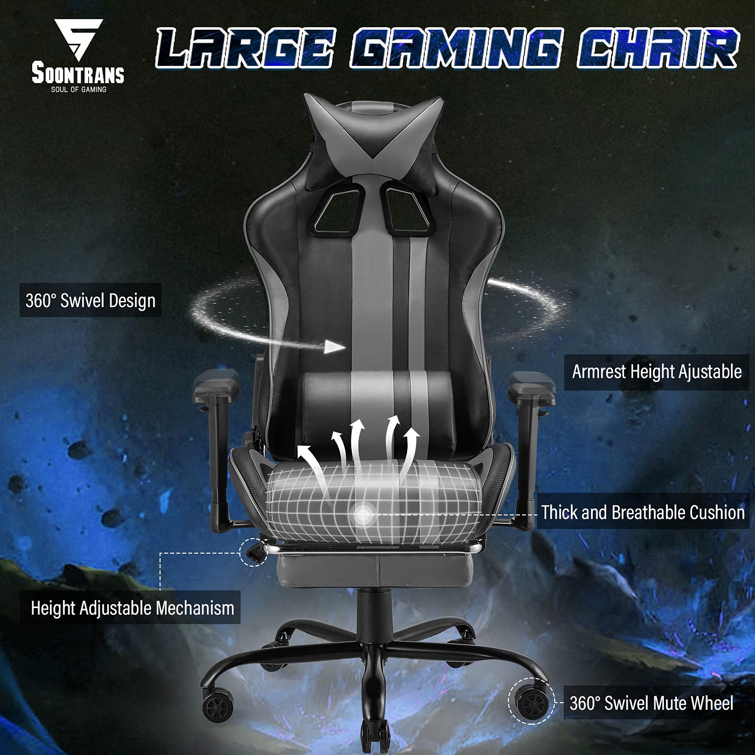 Soontrans Gaming Chair with Footrest for Adults Teens,PC Computer Chair,Home Office Gamer Chair,Racing Game Chair with Adjustable Headrest Lumbar Pillow Support(Flash Grey)