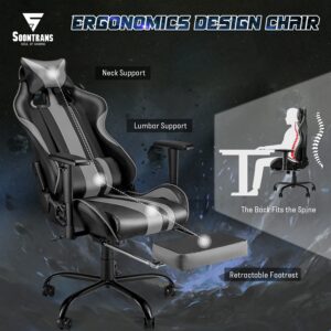 Soontrans Gaming Chair with Footrest for Adults Teens,PC Computer Chair,Home Office Gamer Chair,Racing Game Chair with Adjustable Headrest Lumbar Pillow Support(Flash Grey)