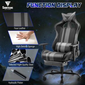 Soontrans Gaming Chair with Footrest for Adults Teens,PC Computer Chair,Home Office Gamer Chair,Racing Game Chair with Adjustable Headrest Lumbar Pillow Support(Flash Grey)