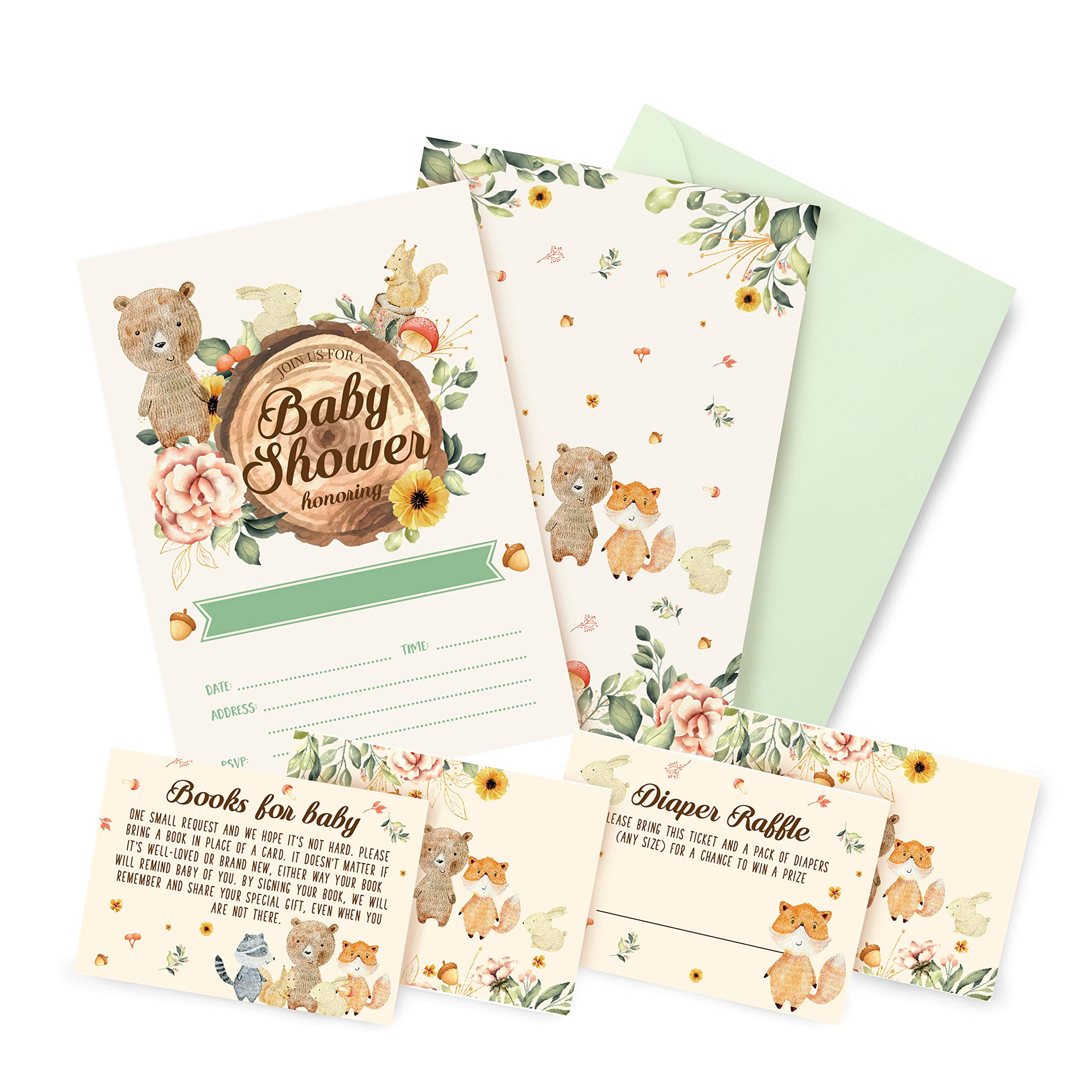 Woodland Baby Shower Invitations 20 Invitations With 20 Envelopes, 20 Diaper Raffle Cards, 20 Baby Shower Book Request Cards Forest theme Woodland creatures Bear Deer Rabbit Moose Owl Raccoon 20 Fill in Invites And Envelopes