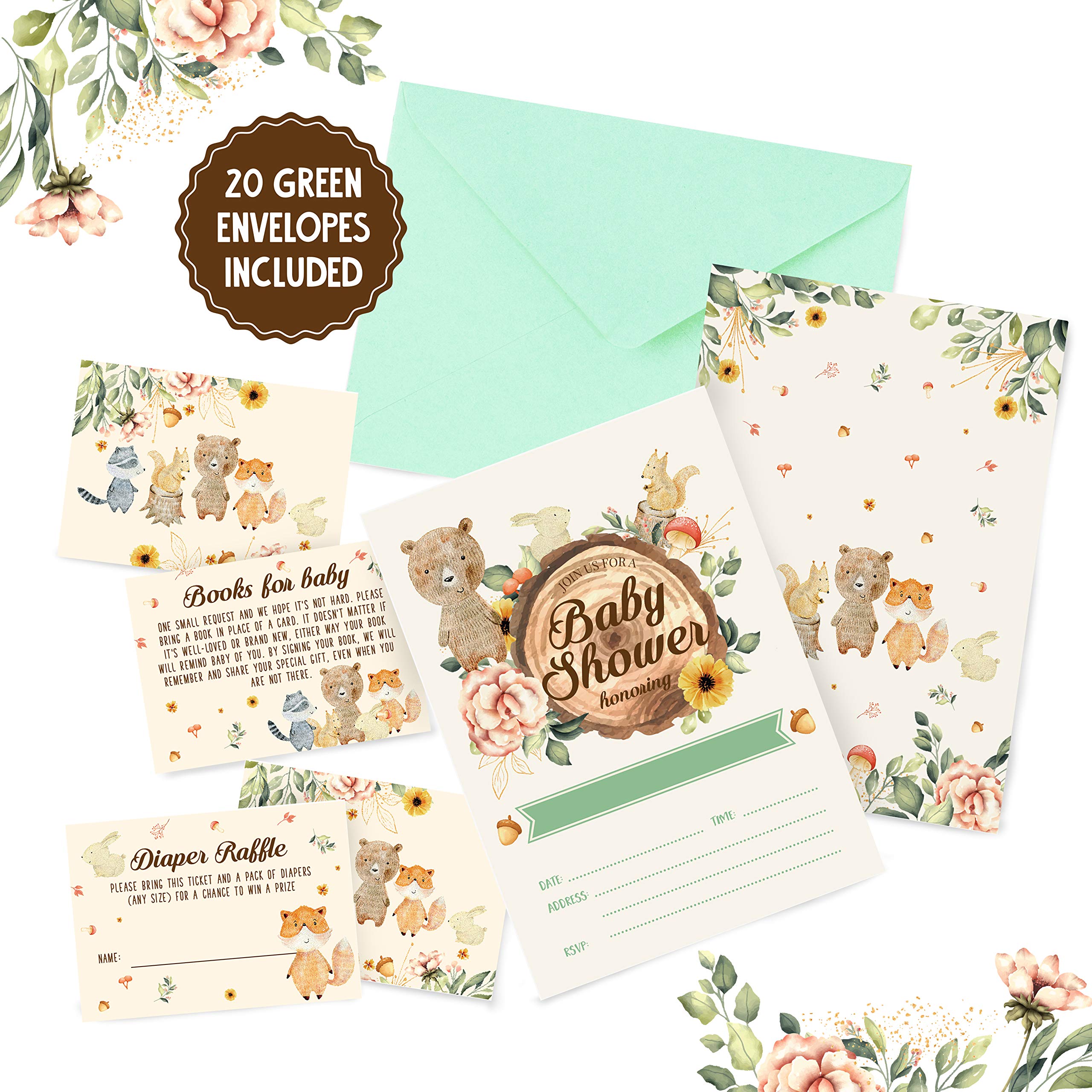 Woodland Baby Shower Invitations 20 Invitations With 20 Envelopes, 20 Diaper Raffle Cards, 20 Baby Shower Book Request Cards Forest theme Woodland creatures Bear Deer Rabbit Moose Owl Raccoon 20 Fill in Invites And Envelopes