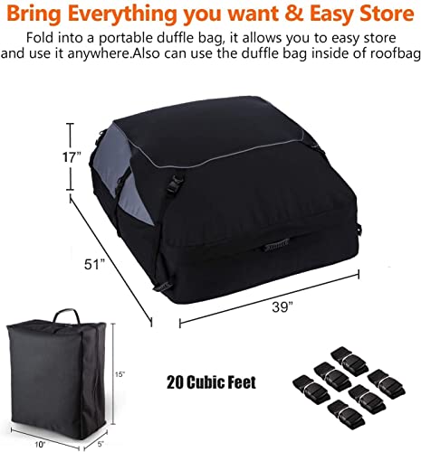 Sailnovo Car Rooftop Cargo Carrier Roof Bag Waterproof 20 Cubic Feet for Top of Vehicle with/Without Rack Car Top Carrier with 10*Reinforced Straps & Storage Bag 1000D