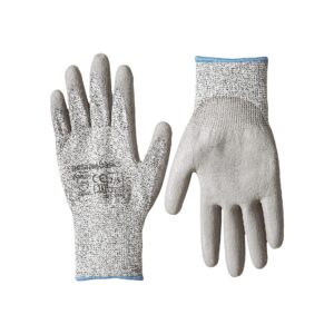 amazon basics cut resistant work gloves, cut level a2, polyurethane coated gloves, touch screen, salt & pepper, size 9, l, 2-pair, grey