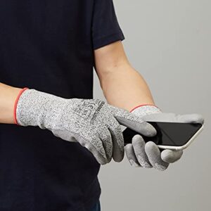 Amazon Basics Cut Resistant Work Gloves, Cut Level A2, Polyurethane Coated Gloves, Touch Screen, Salt & Pepper, Size 9, L, 2-Pair, Grey