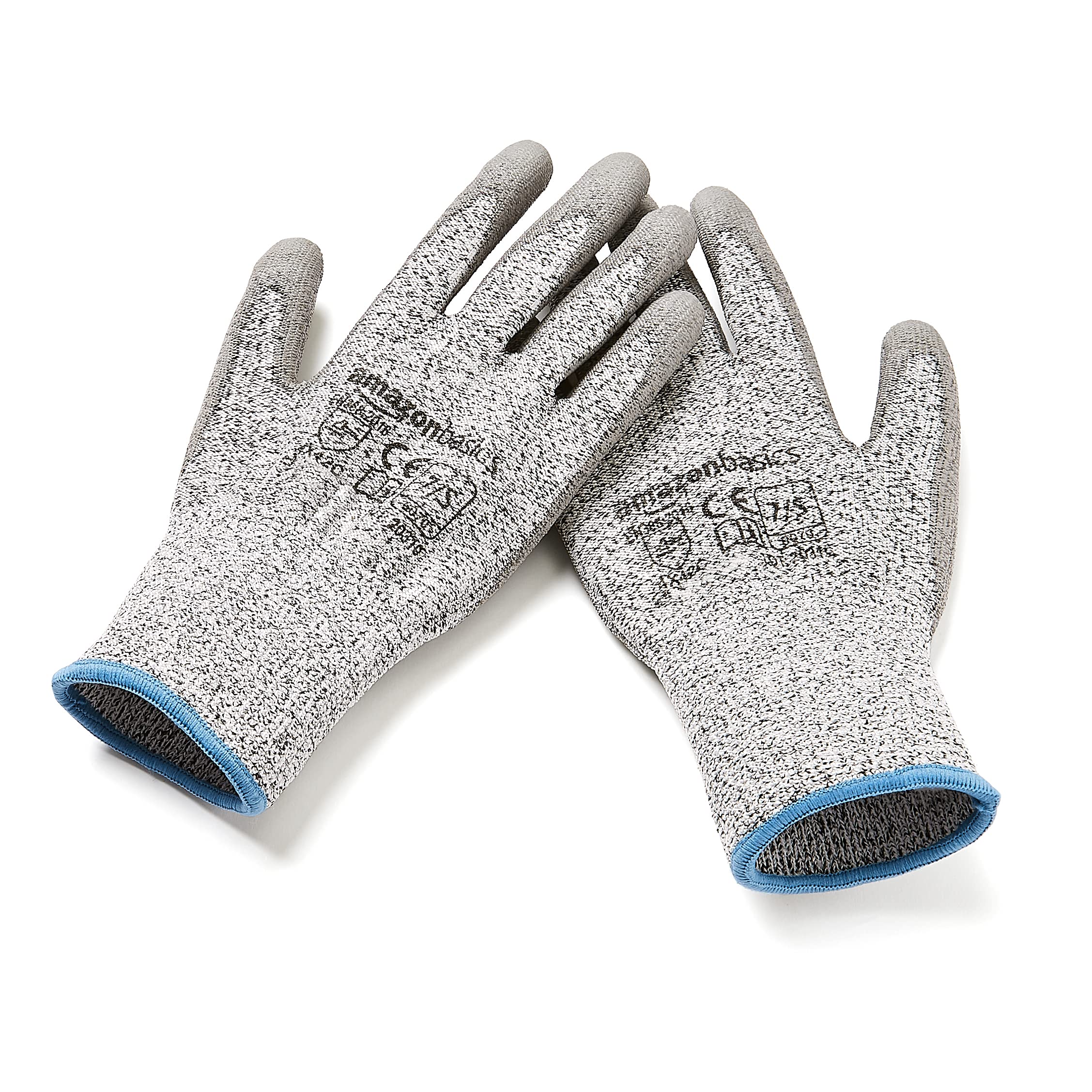 Amazon Basics Cut Resistant Work Gloves, Cut Level A2, Polyurethane Coated Gloves, Touch Screen, Salt & Pepper, Size 9, L, 2-Pair, Grey