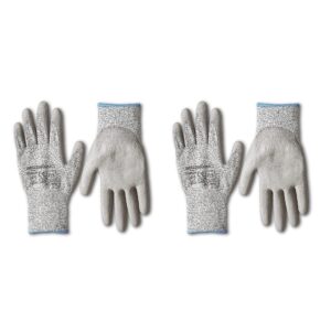 Amazon Basics Cut Resistant Work Gloves, Cut Level A2, Polyurethane Coated Gloves, Touch Screen, Salt & Pepper, Size 9, L, 2-Pair, Grey