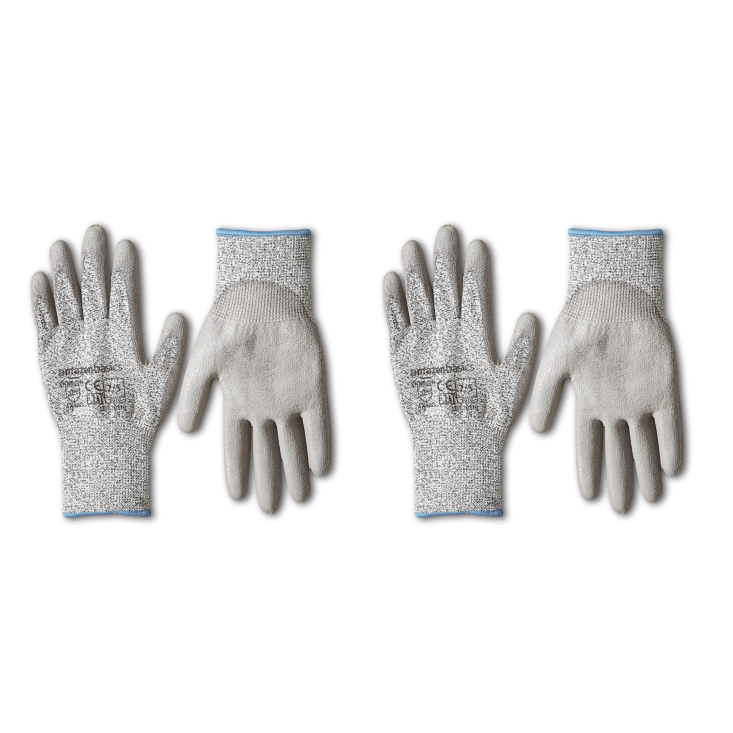 Amazon Basics Cut Resistant Work Gloves, Cut Level A2, Polyurethane Coated Gloves, Touch Screen, Salt & Pepper, Size 9, L, 2-Pair, Grey