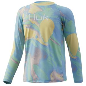huk kids' pursuit long sleeve sun protecting fishing shirt, tie dye lava-electric green, x-small