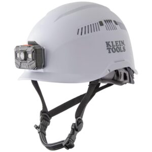 klein tools 60150 safety helmet, vented, rechargeable headlamp, tested to tough industrial hard hat safety standards, white