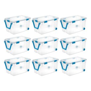 sterilite 120 qt wheeled gasket box, stackable storage bin with latching lid, handle and tight seal, plastic container with clear base and lid, 9-pack
