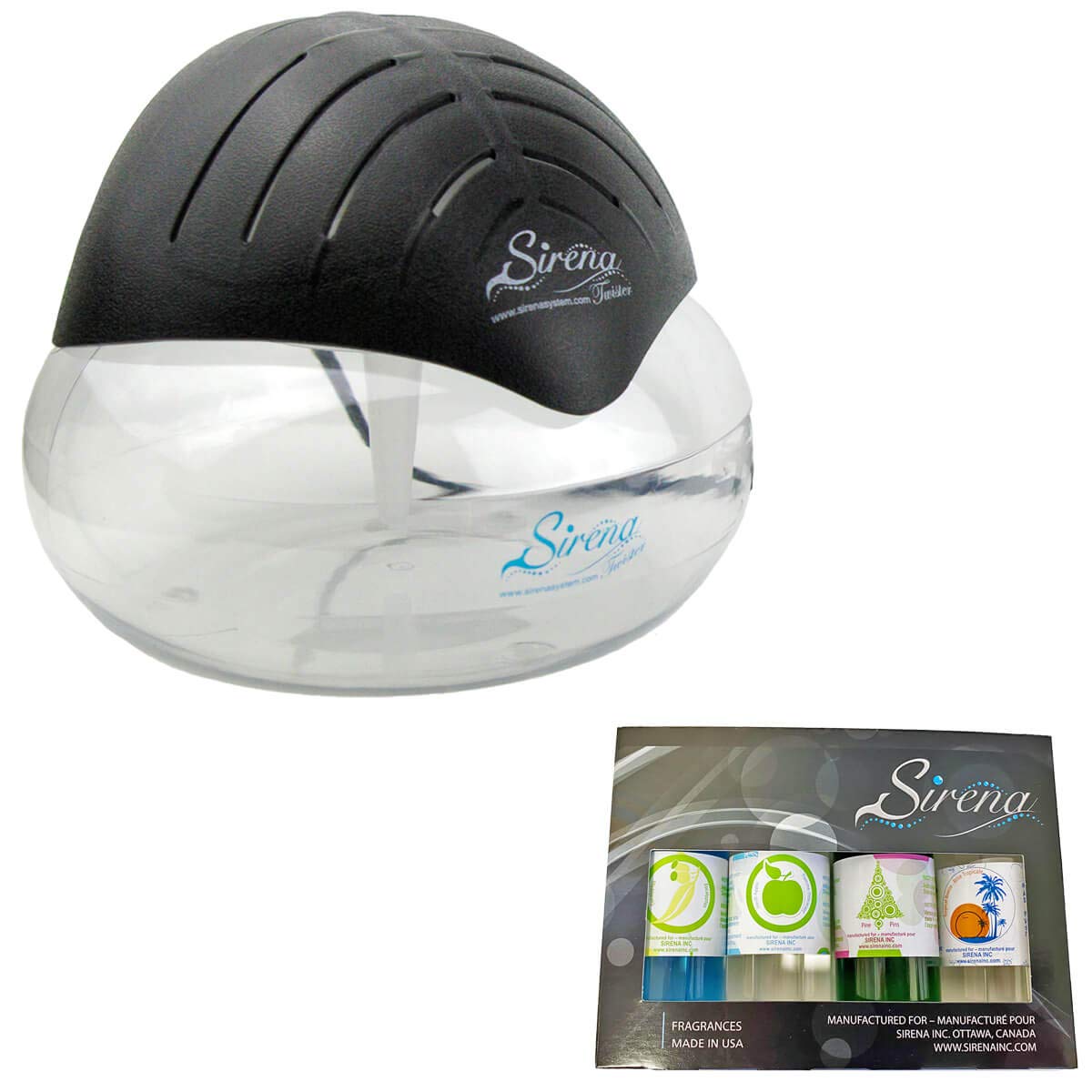 Sirena Twister Deluxe Pack (Black) including Fragrance Pack- Water Filter Air Freshener For Home and Office - Essential Oil Aroma Diffuser With LED Night light - Small Air Cleaner For Smoke and Pets